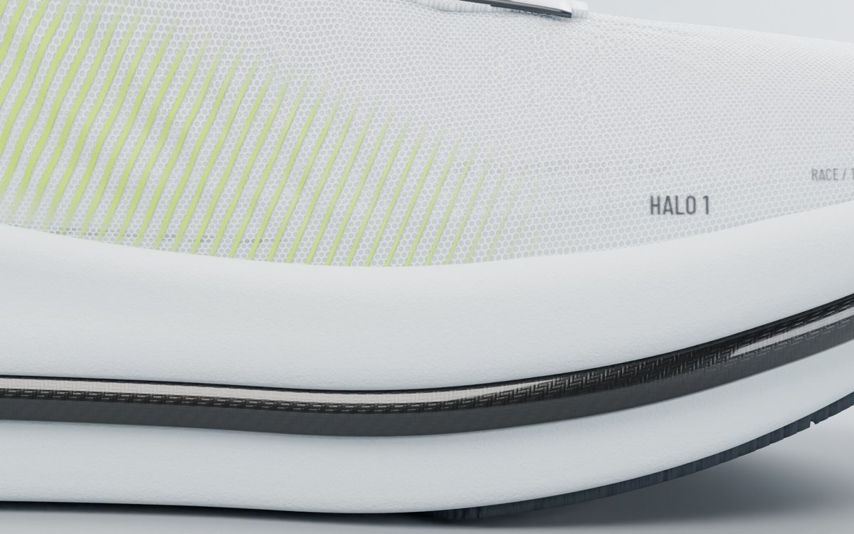 The carbon twill rail flange running along the forefoot sidewall